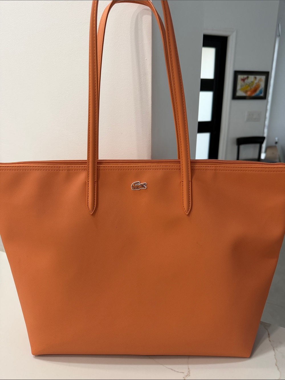 Lacoste Orange Textured Tote with Silver Croc Emblem